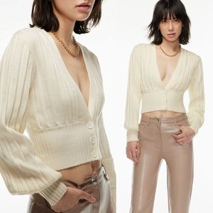 ARITZIA WILFRED Plunge Front Cardigan Cream Ribbed Button-Up XS
